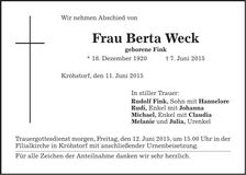 Traueranzeige Berta Weck