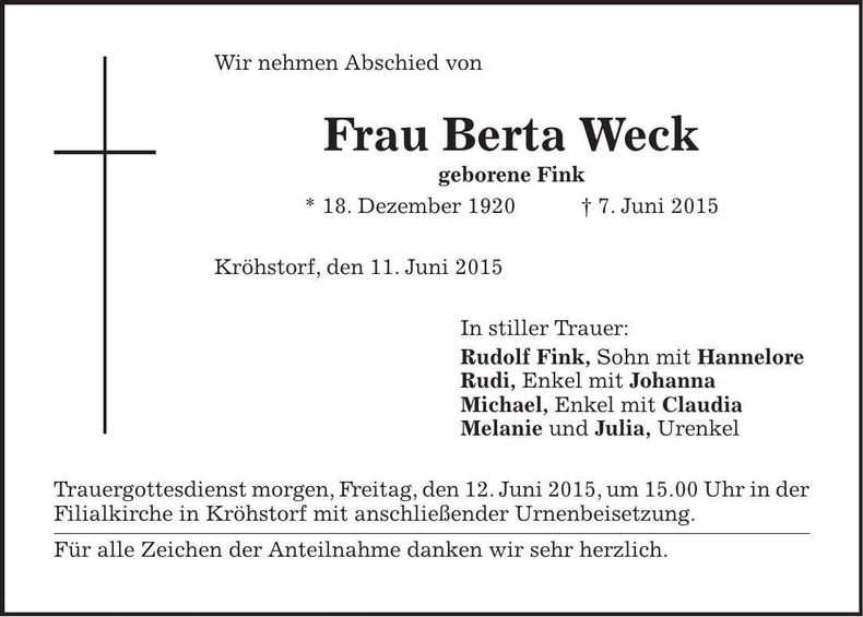 Traueranzeige Berta Weck