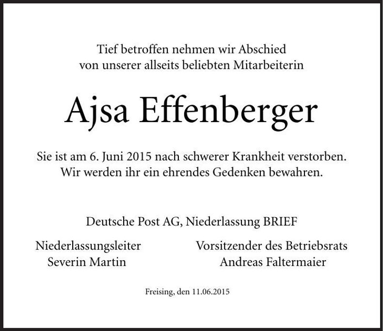 Traueranzeige Ajsa Effenberger