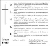 Traueranzeige Irene Frank