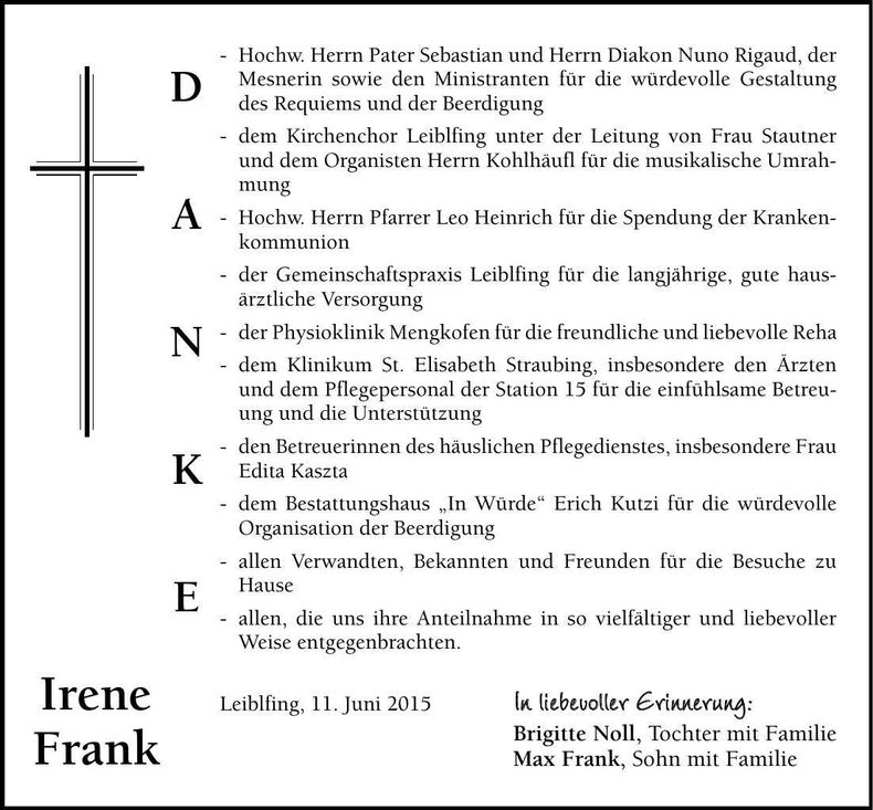 Traueranzeige Irene Frank