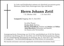 Traueranzeige Johann Zettl