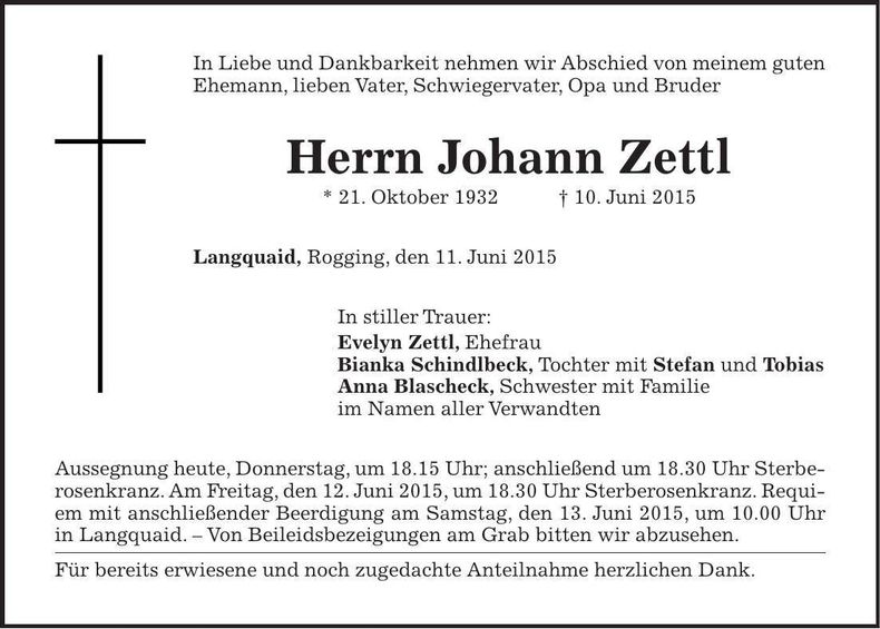 Traueranzeige Johann Zettl