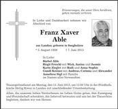 Traueranzeige Franz Xaver Able