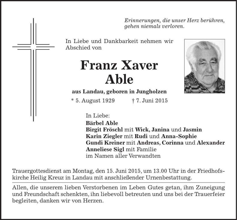 Traueranzeige Franz Xaver Able