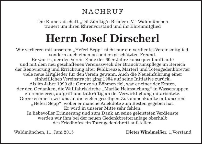 Traueranzeige Josef Dirscherl