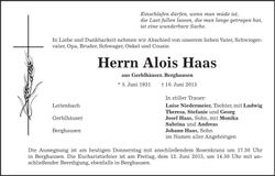 Traueranzeige Alois Haas