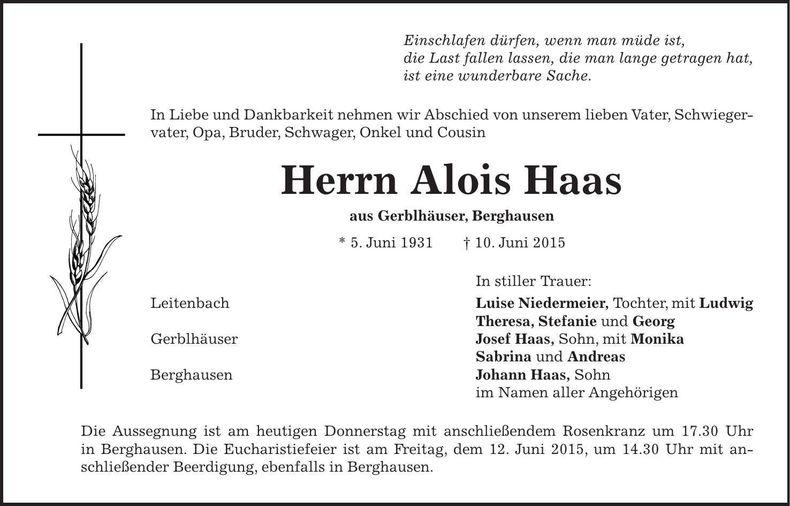 Traueranzeige Alois Haas
