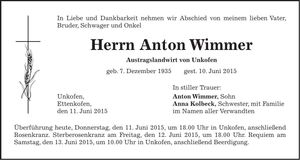 Traueranzeige Anton Wimmer