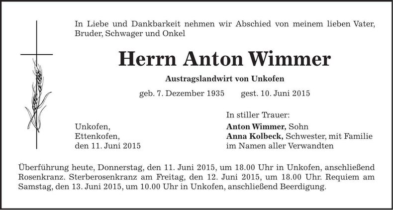 Traueranzeige Anton Wimmer