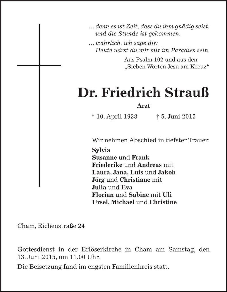Traueranzeige Friedrich Dr. Strauß