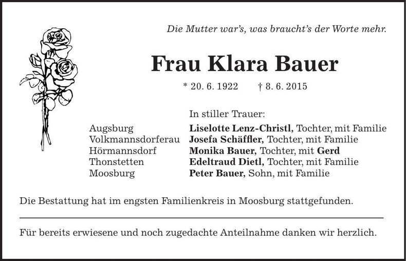 Traueranzeige Klara Bauer