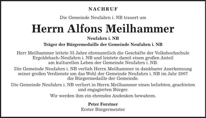 Traueranzeige Alfons Meilhammer