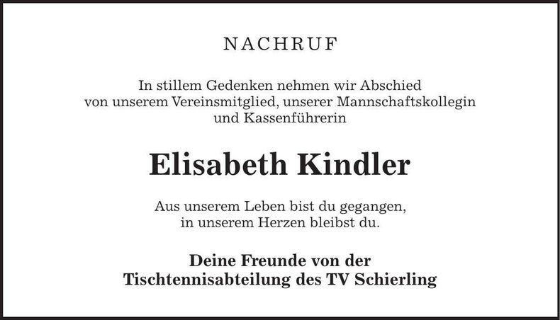 Traueranzeige Elisabeth Kindler