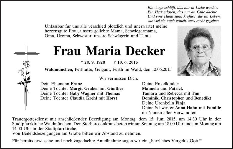 Traueranzeige Maria Decker