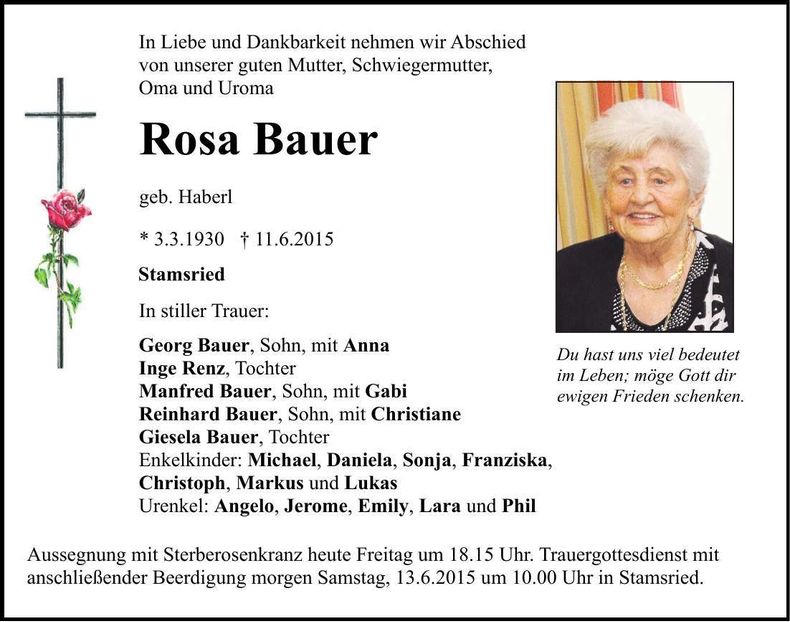 Traueranzeige Rosa Bauer