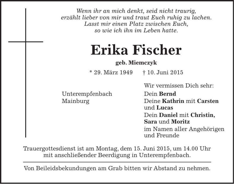 Traueranzeige Erika Fischer