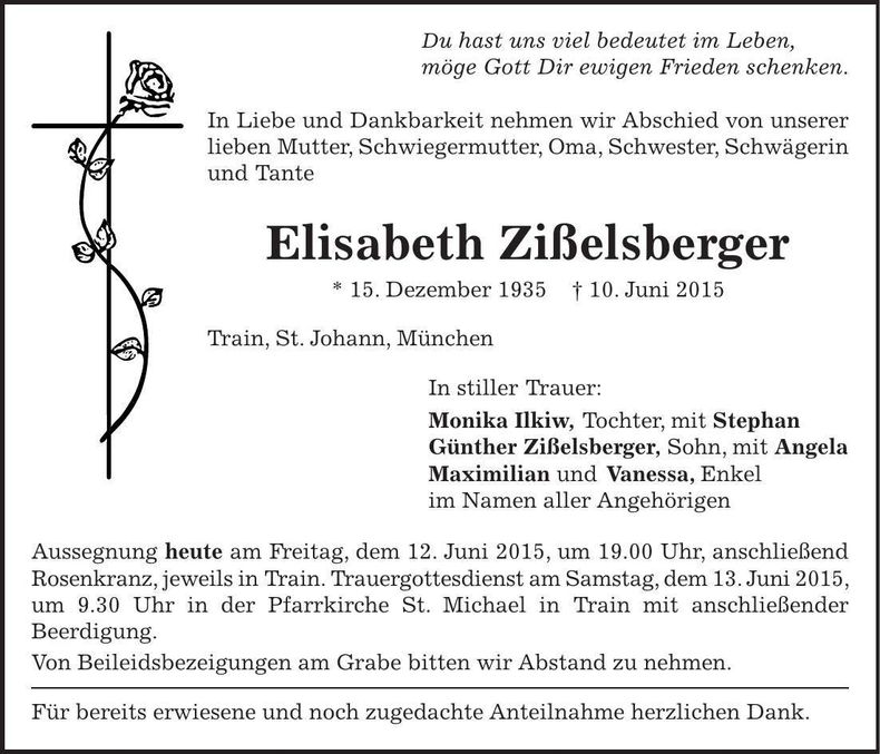 Traueranzeige Elisabeth Zißelsberger