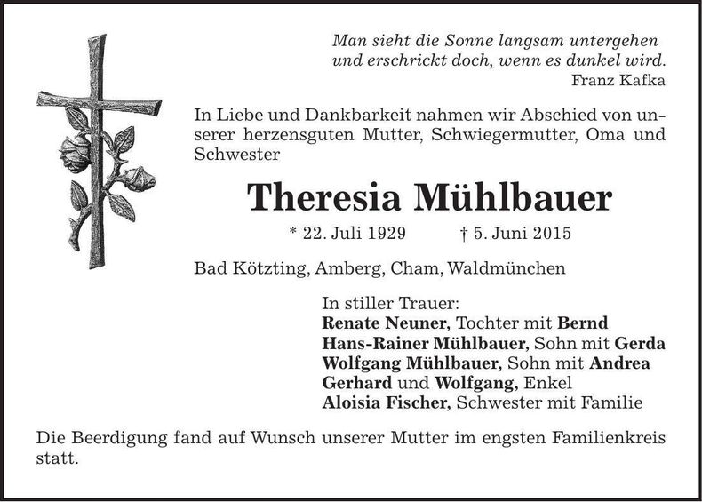 Traueranzeige Theresia Mühlbauer