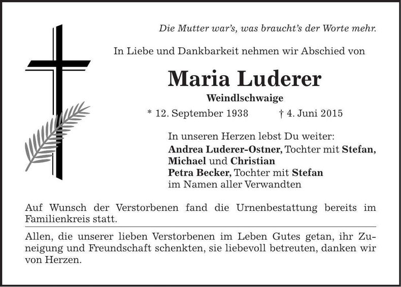 Traueranzeige Maria Luderer