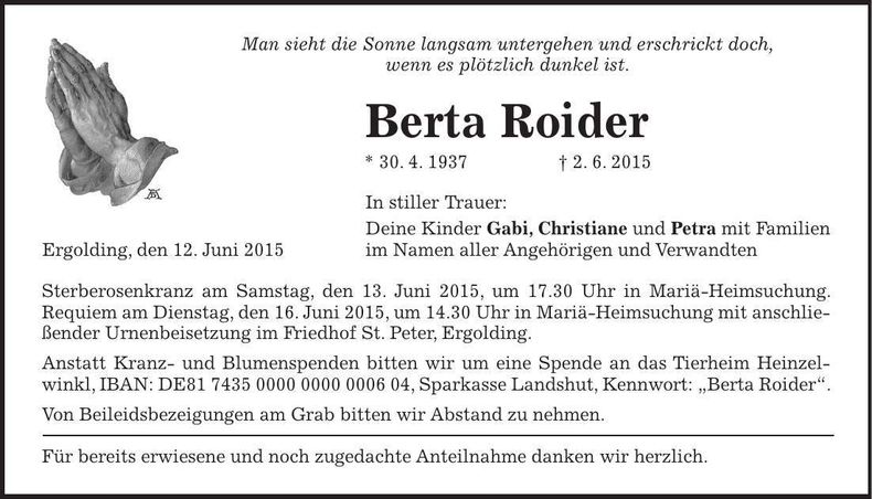 Traueranzeige Berta Roider