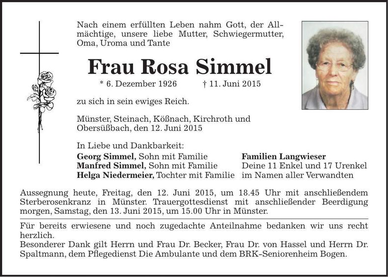 Traueranzeige Rosa Simmel