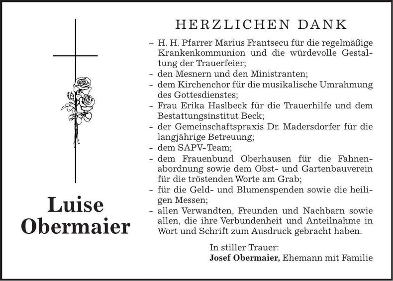 Traueranzeige Luise Obermeier