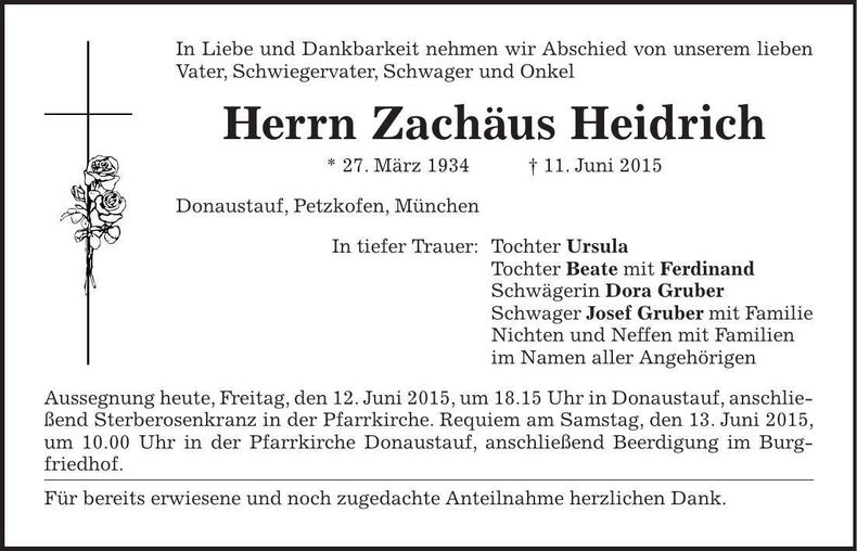 Traueranzeige Zachäus Heidrich