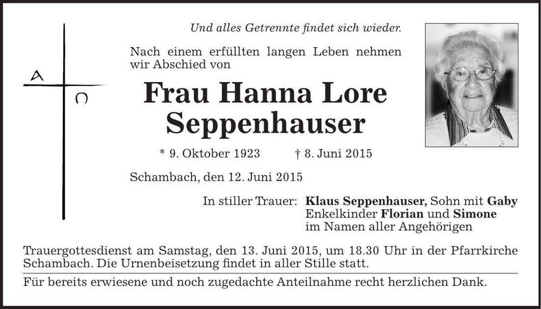 Traueranzeige Hanna Lore Seppenhauser