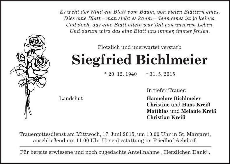 Traueranzeige Siegfried Bichlmeier
