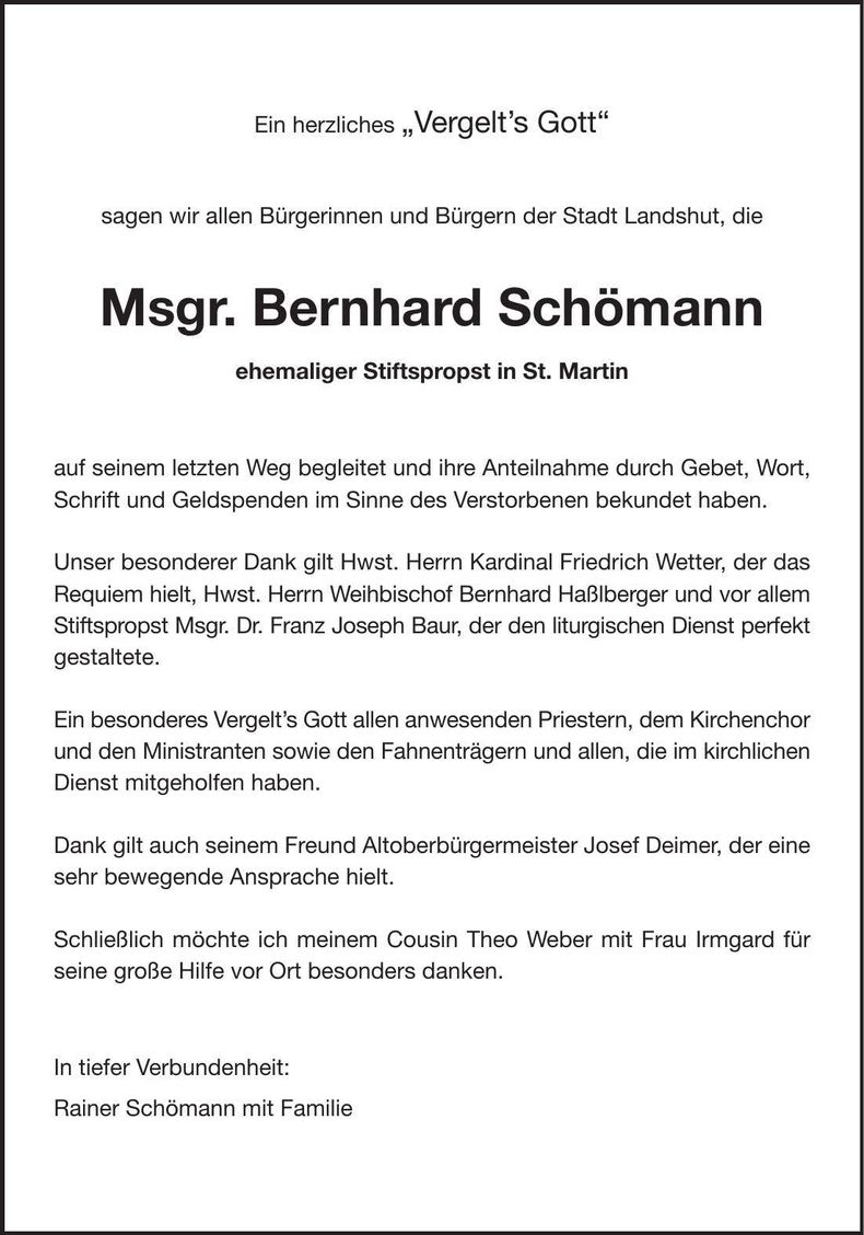 Traueranzeige Bernhard Schömann