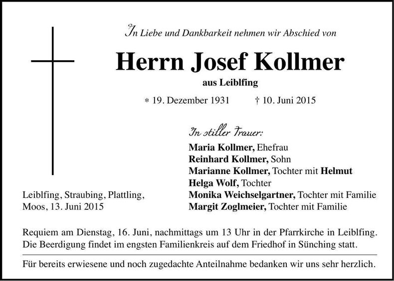 Traueranzeige Josef Kollmer