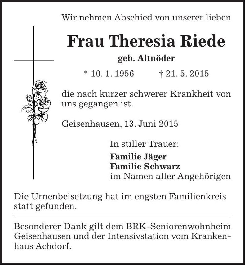 Traueranzeige Theresia Riede