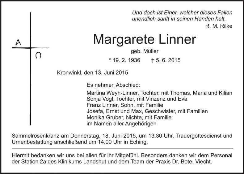 Traueranzeige Margarete Linner
