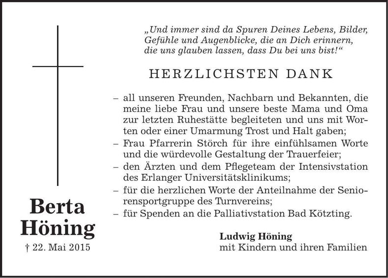 Traueranzeige Berta Höning
