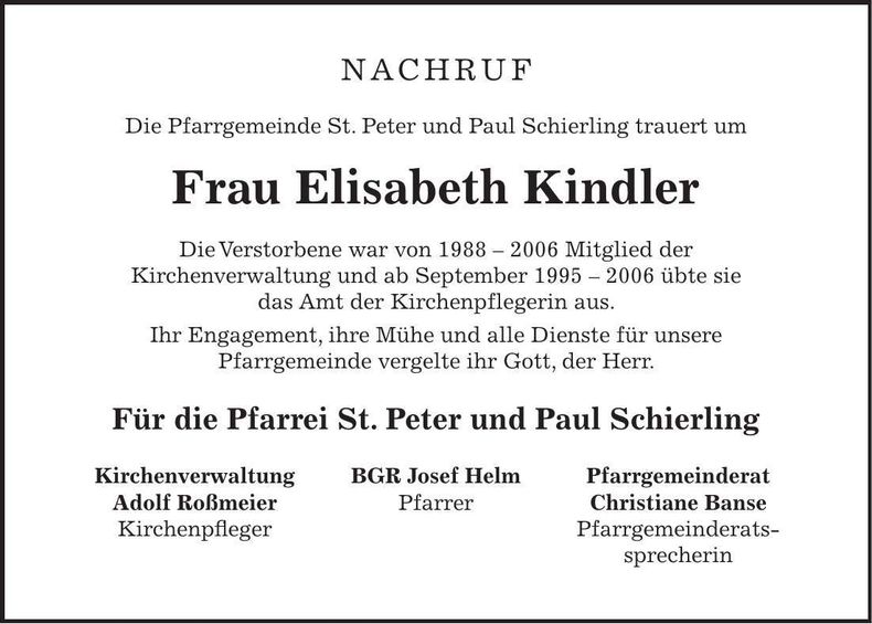 Traueranzeige Elisabeth Kindler