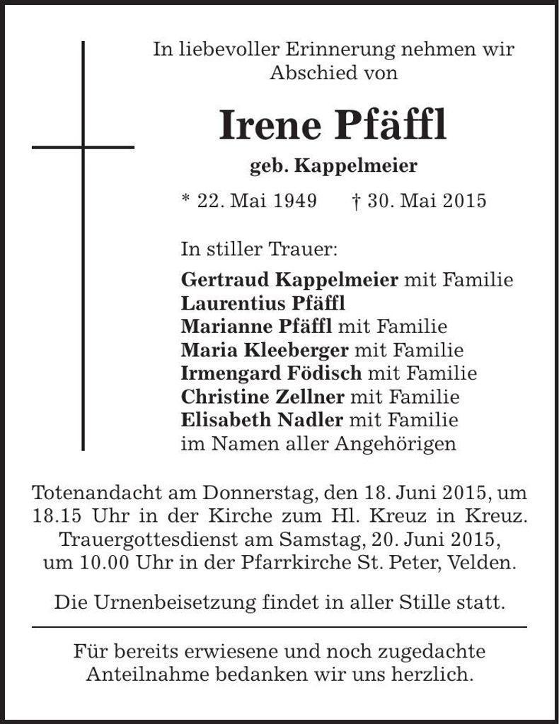 Traueranzeige Irene Pfäffl
