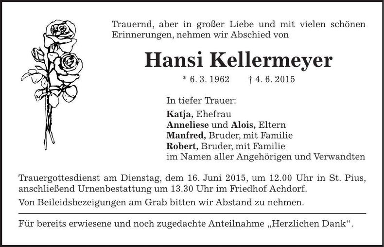 Traueranzeige Hansi Kellermeyer