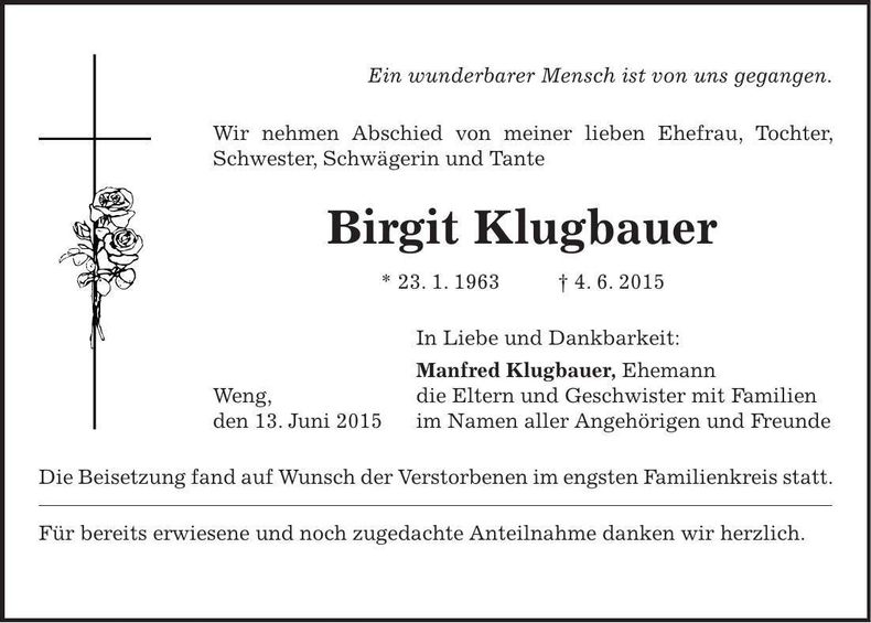 Traueranzeige Birgit Klugbauer