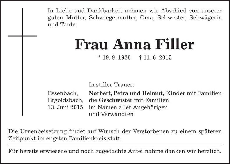 Traueranzeige Anna Filler