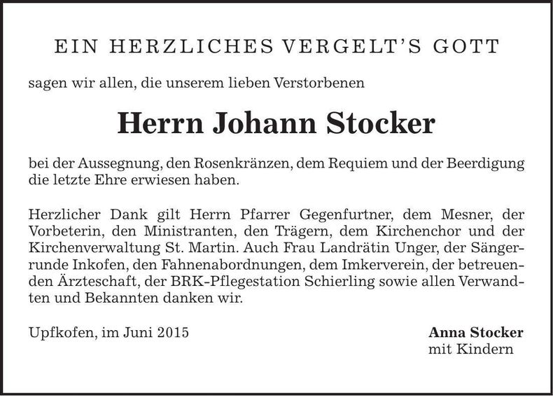 Traueranzeige Johann Stocker