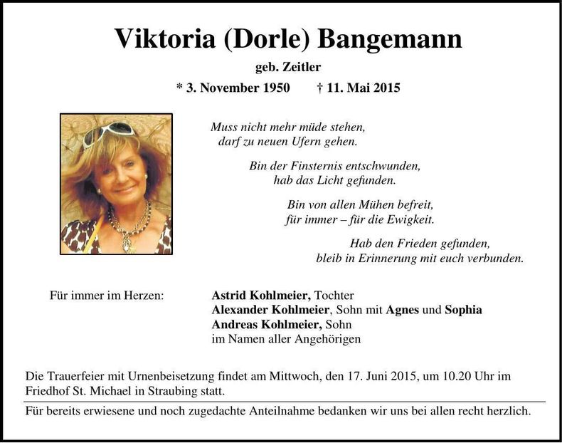 Traueranzeige Viktoria (Dorle) Bangemann