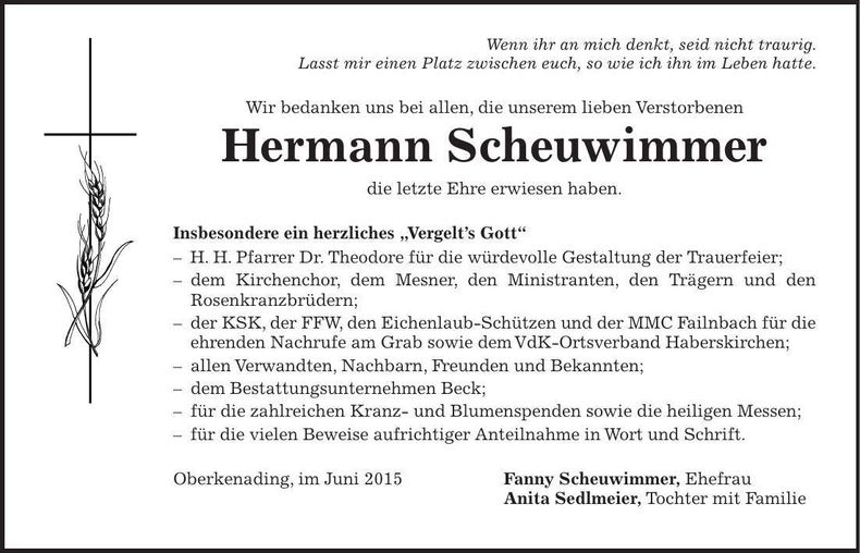Traueranzeige Hermann Scheuwimmer