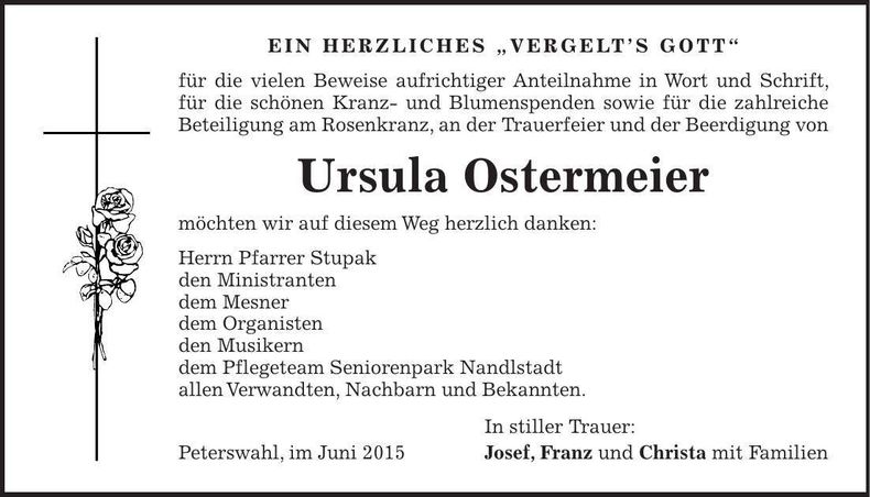 Traueranzeige Ursula Ostermeier