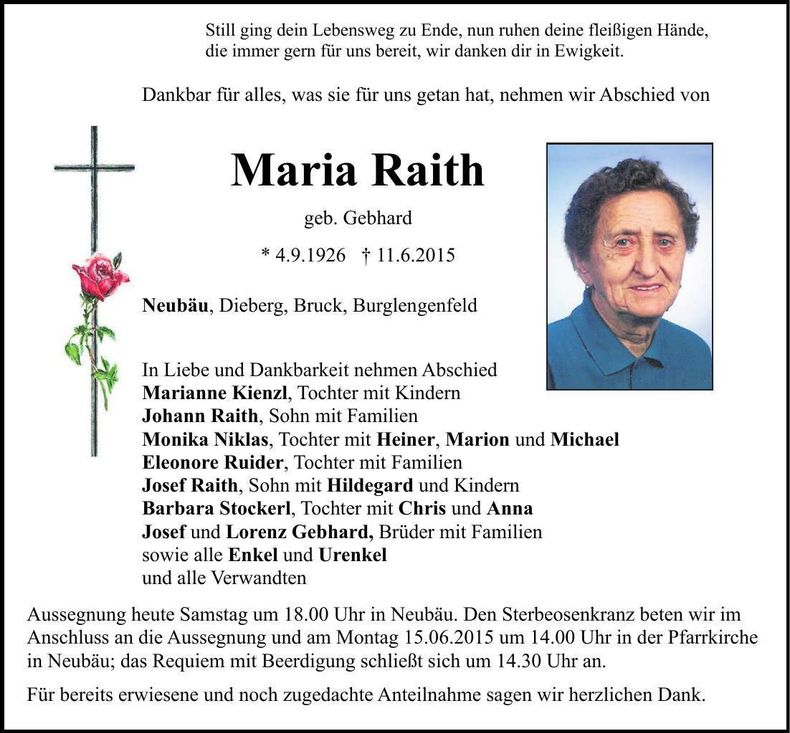 Traueranzeige Maria Raith