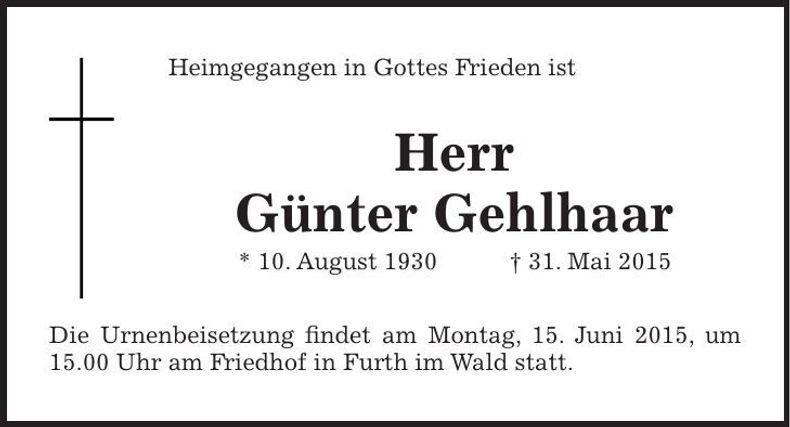 Traueranzeige Günter Gehlhaar