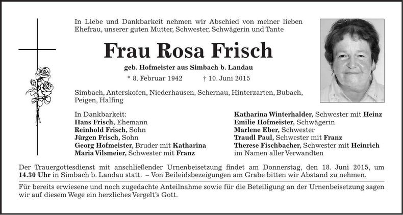 Traueranzeige Rosa Frisch