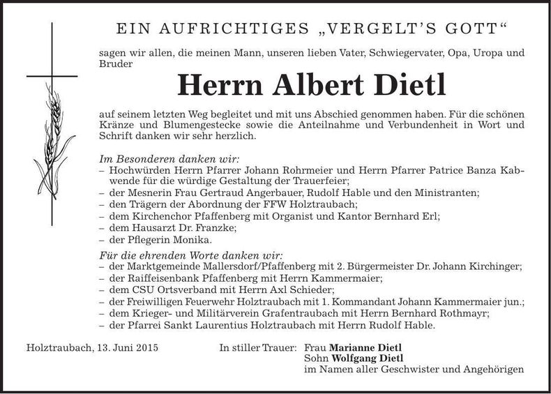 Traueranzeige Albert Dietl