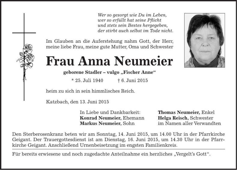 Traueranzeige Anna Neumeier