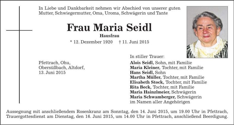 Traueranzeige Maria Seidl